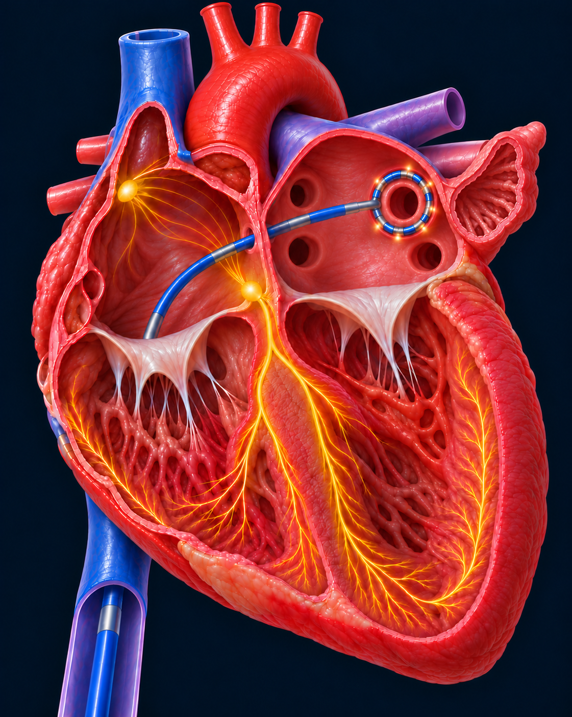 Cutaway heart illustration showing an ablation catheter entering through the inferior vena cava, passing through the right atrium and atrial septum into the left atrium, with its circular tip around a pulmonary vein opening and the left atrial appendage visible.