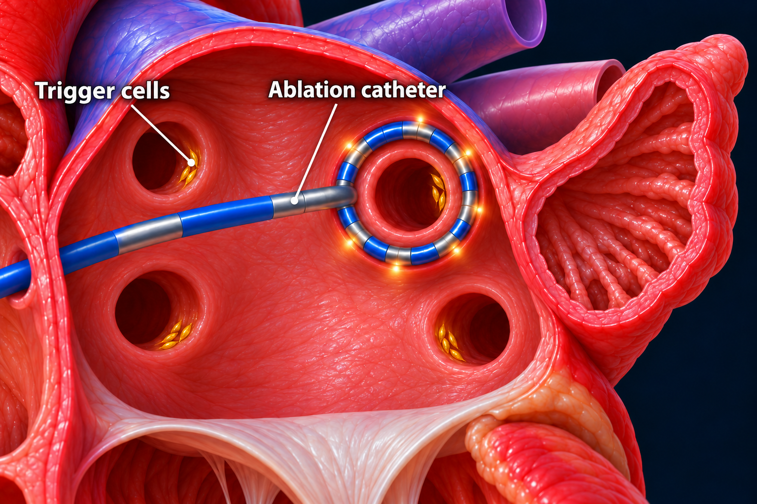 Left atrial close-up with labels pointing to gold AFib trigger cells near a pulmonary vein opening and to the blue and silver ablation catheter, whose circular tip surrounds another vein opening.