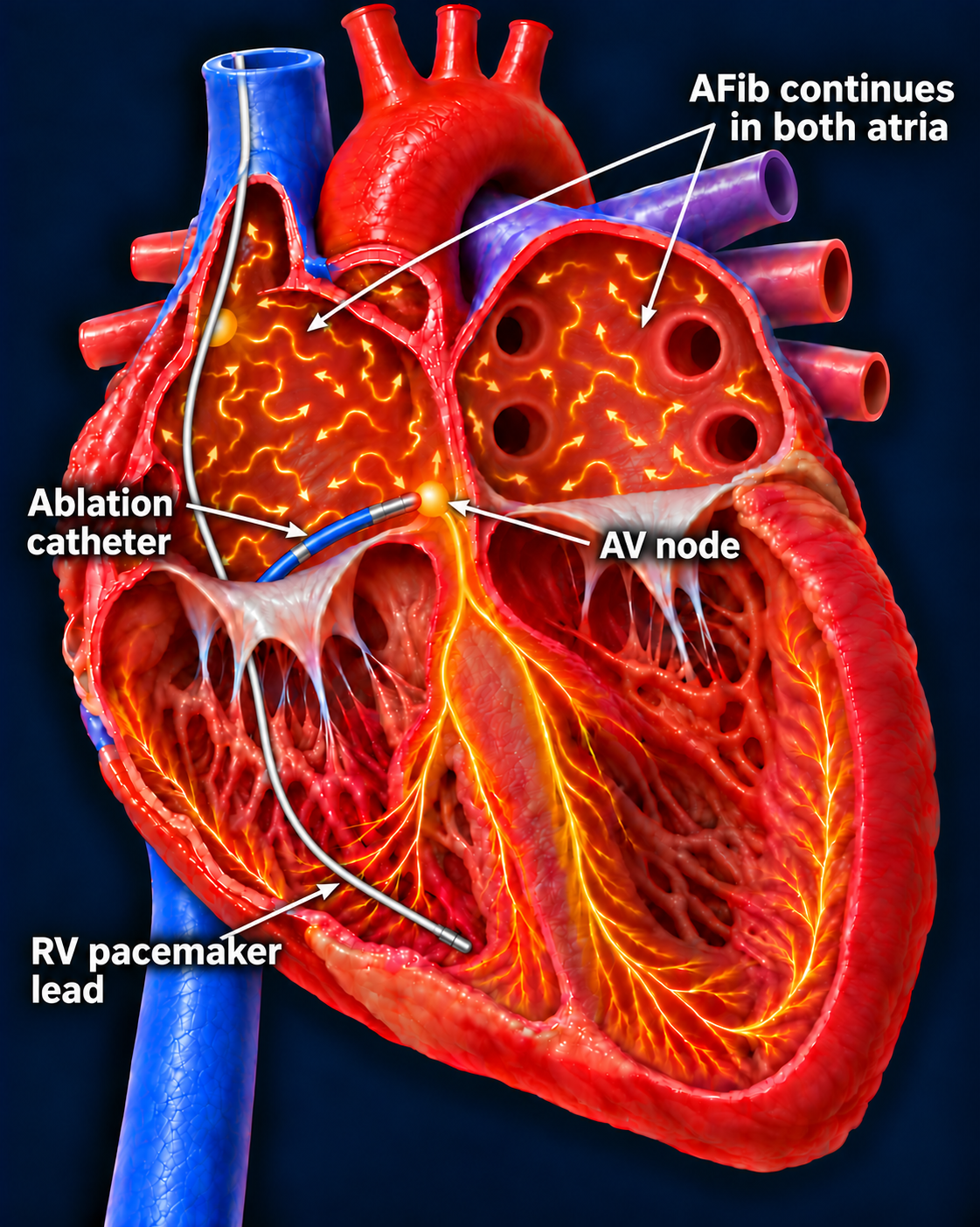 Labeled cutaway heart showing a catheter tip treating the AV node from the right atrium, with labels for the AV node and ablation catheter and RV pacemaker lead, with arrows identifying ongoing AFib in both atria.