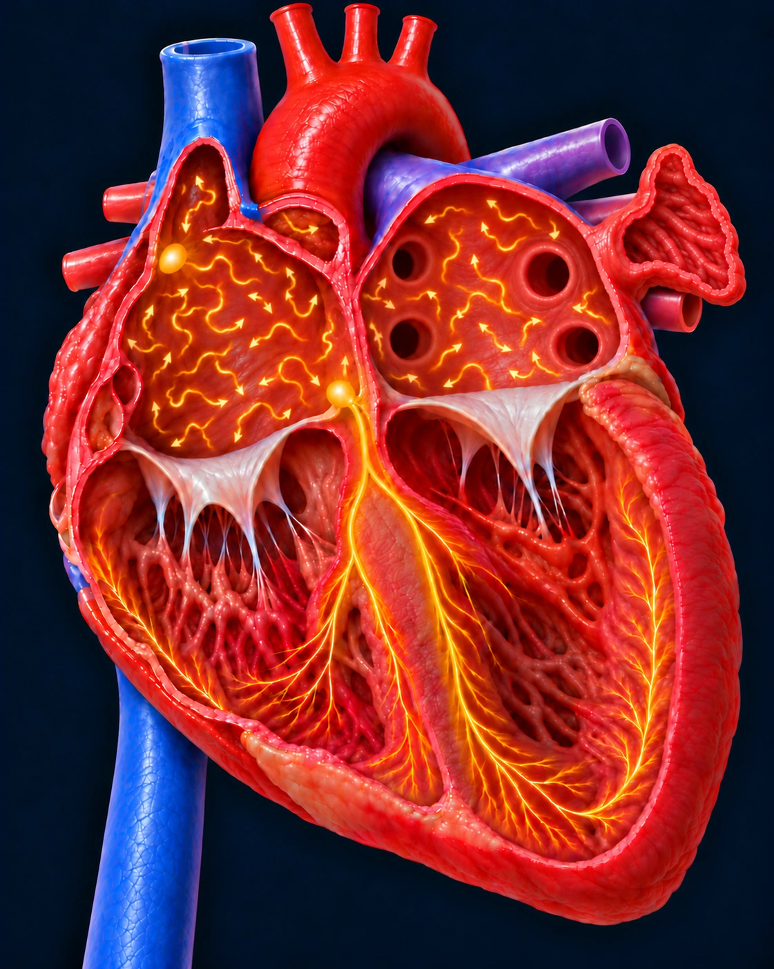 Cutaway heart illustrating disorganized AFib electrical signals in both atria, with the ventricular conduction pathways shown below. The left atrial appendage is visible.