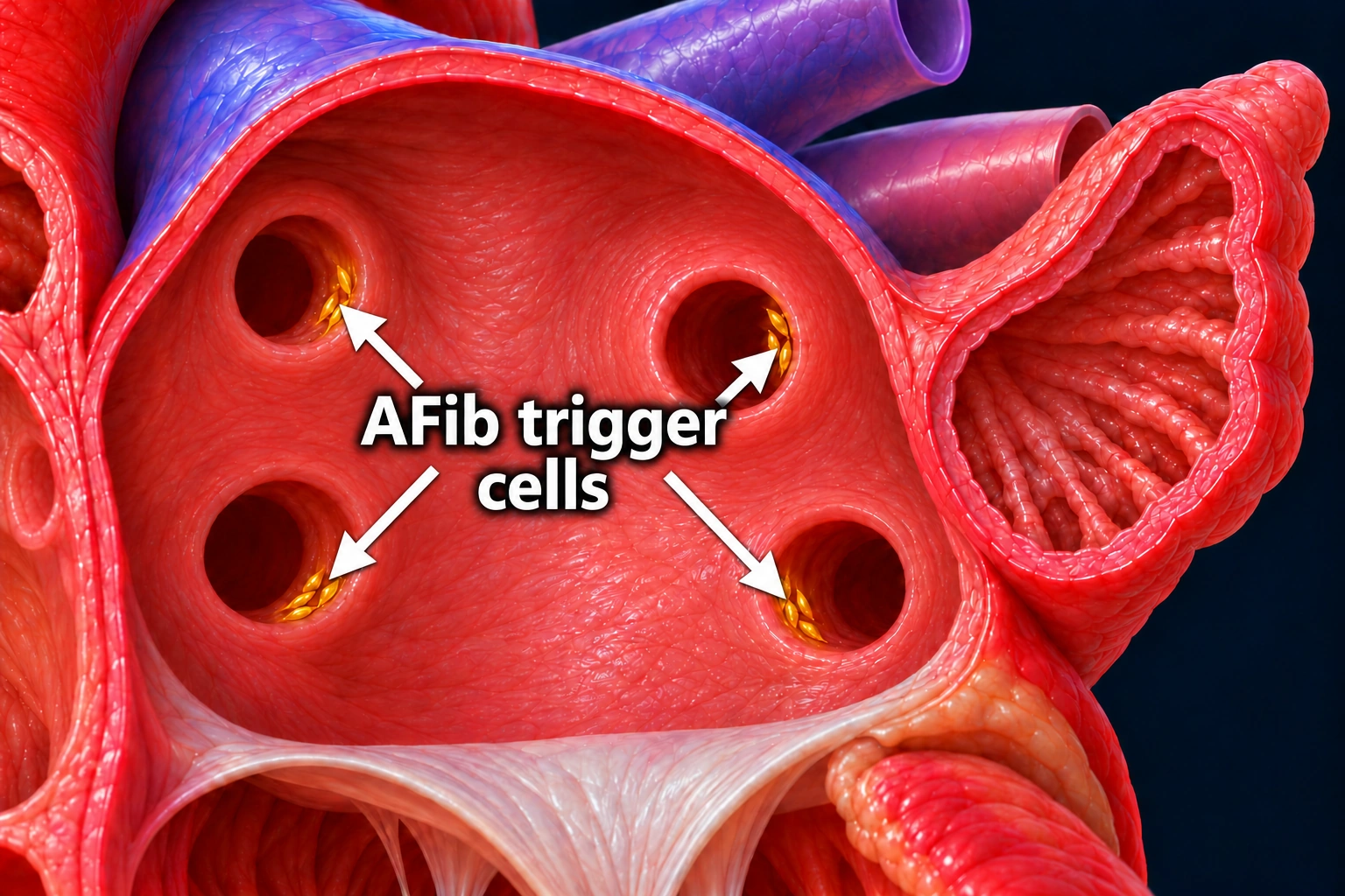 Catheter-free left atrial close-up labeled AFib trigger cells, with arrows pointing to gold cell clusters near all four pulmonary vein openings and the left atrial appendage visible.
