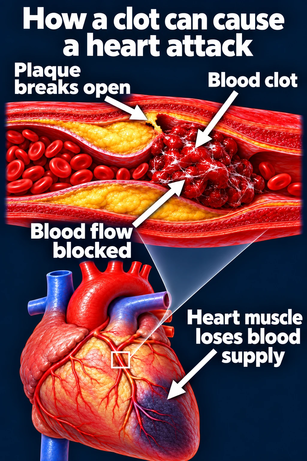 Plaque rupture with a clot obstructing coronary blood flow and an affected area of myocardium