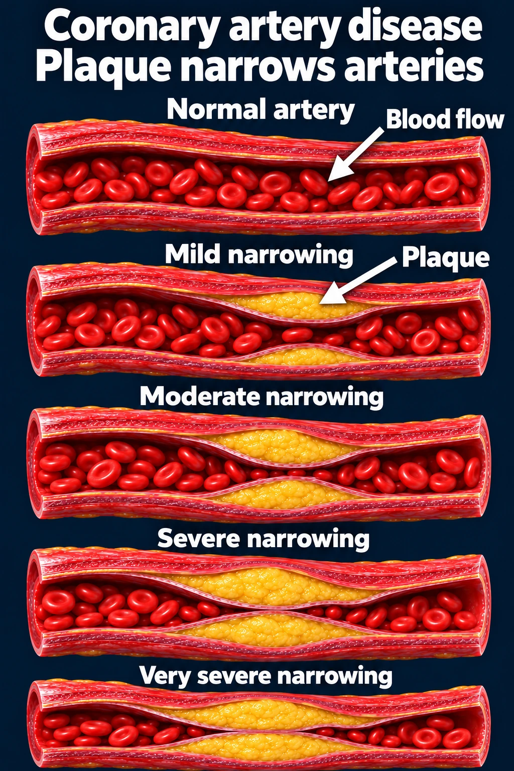 Normal coronary artery compared with increasingly narrowed arteries containing plaque