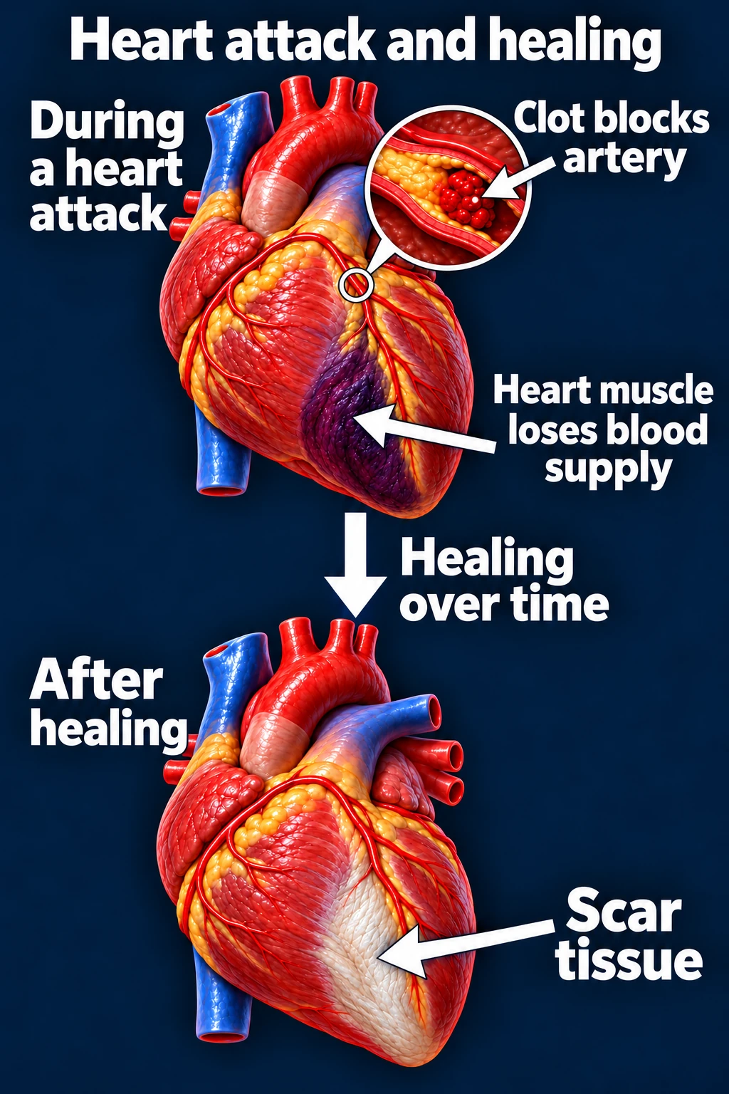 Heart muscle deprived of blood during myocardial infarction compared with scar after healing
