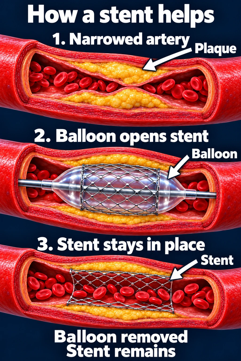 Balloon expanding a coronary stent and leaving it in place to support the narrowed artery