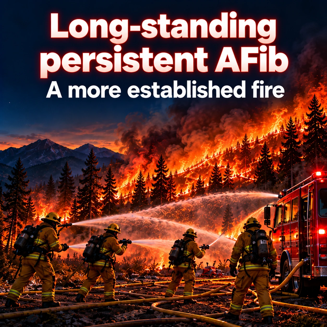 A team of firefighters tackling a forest fire, an analogy for long-standing persistent AFib.