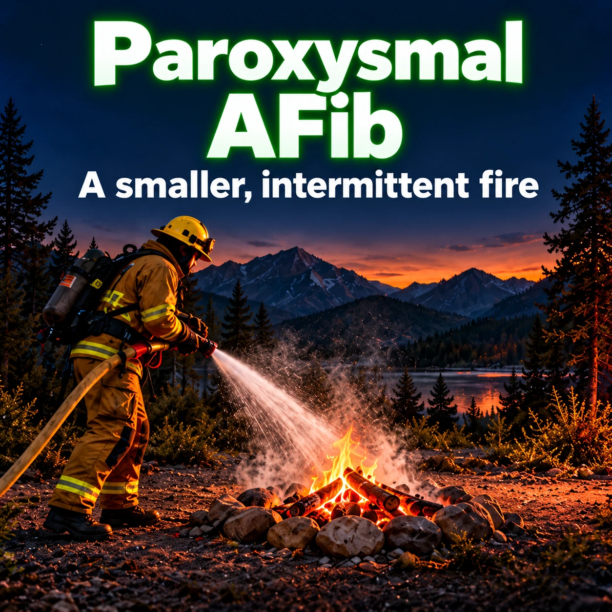 One firefighter extinguishing a small campfire, an analogy for intermittent paroxysmal AFib.