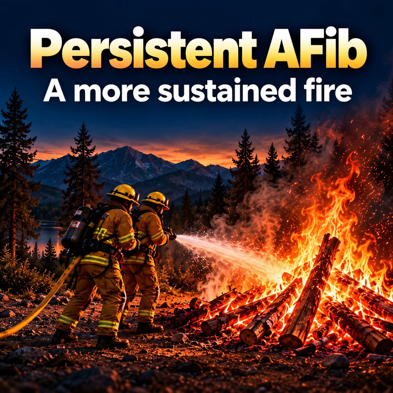 Two firefighters tackling a larger fire, an analogy for persistent AFib.