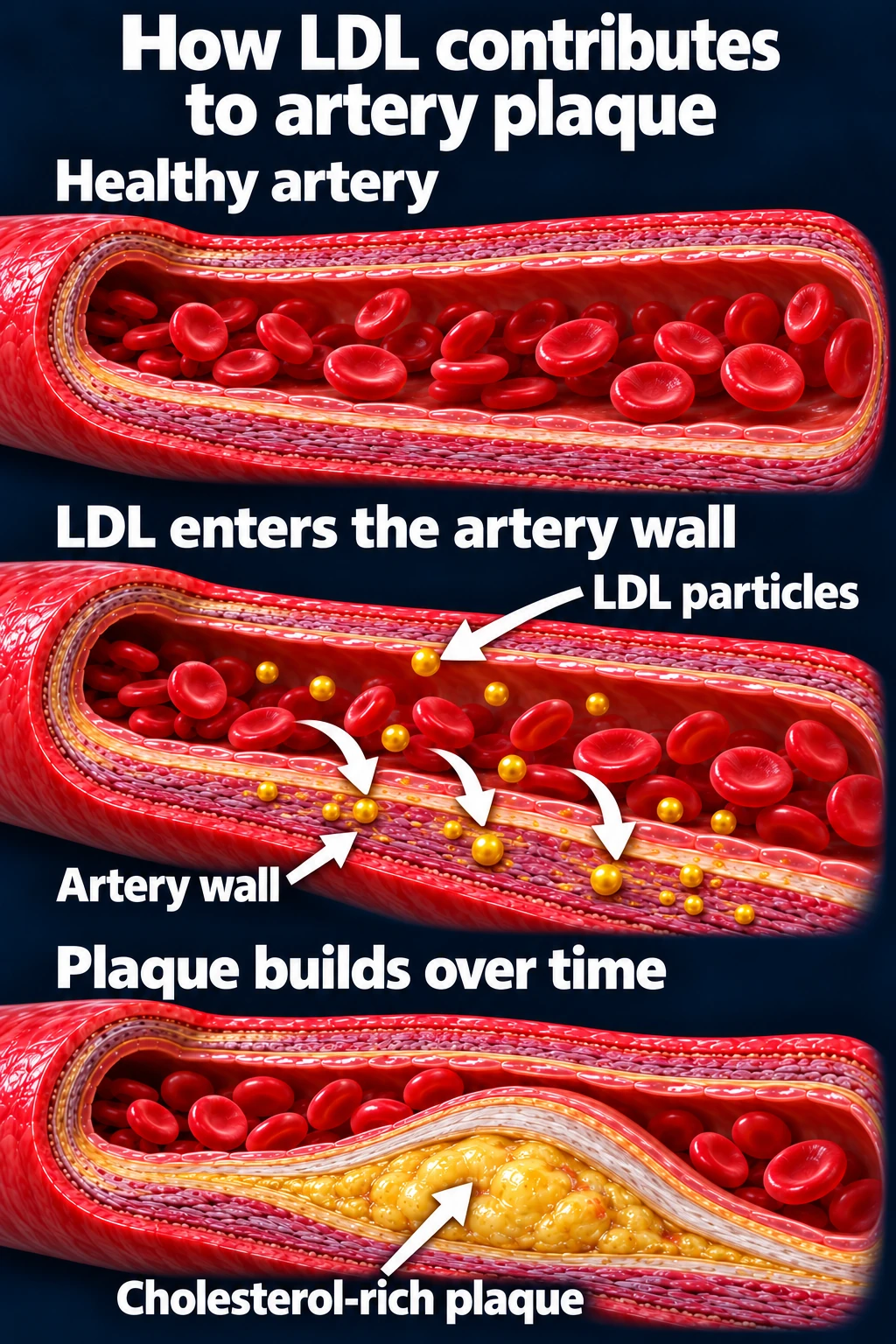 Healthy artery, LDL entering the arterial wall, and cholesterol-rich plaque developing over time