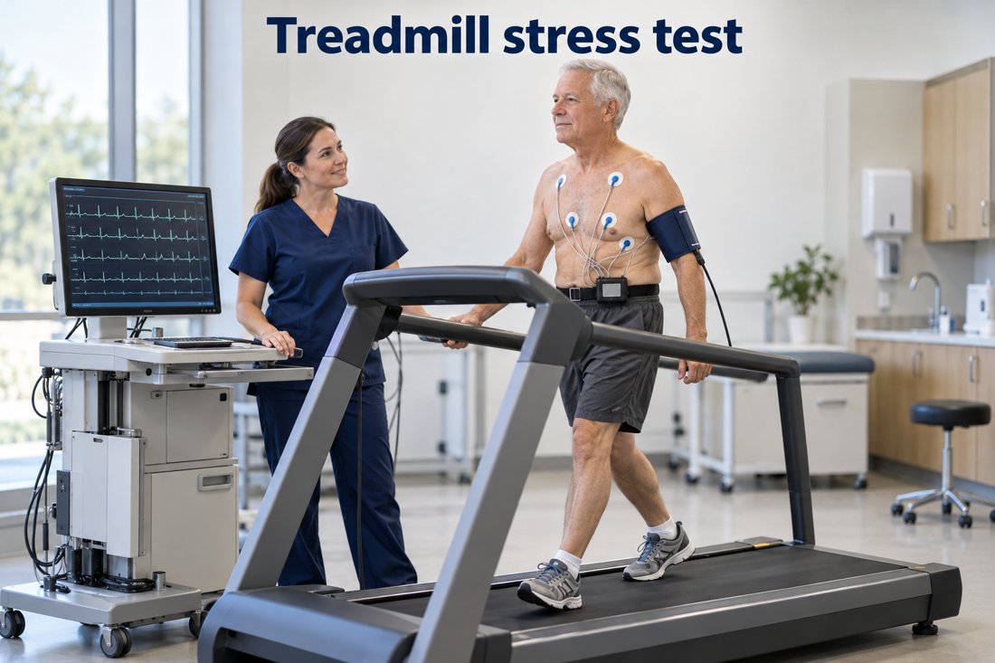 Supervised treadmill stress test with continuous EKG monitoring