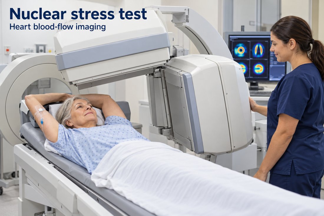Patient lying under a cardiac nuclear imaging camera while a technologist supervises.