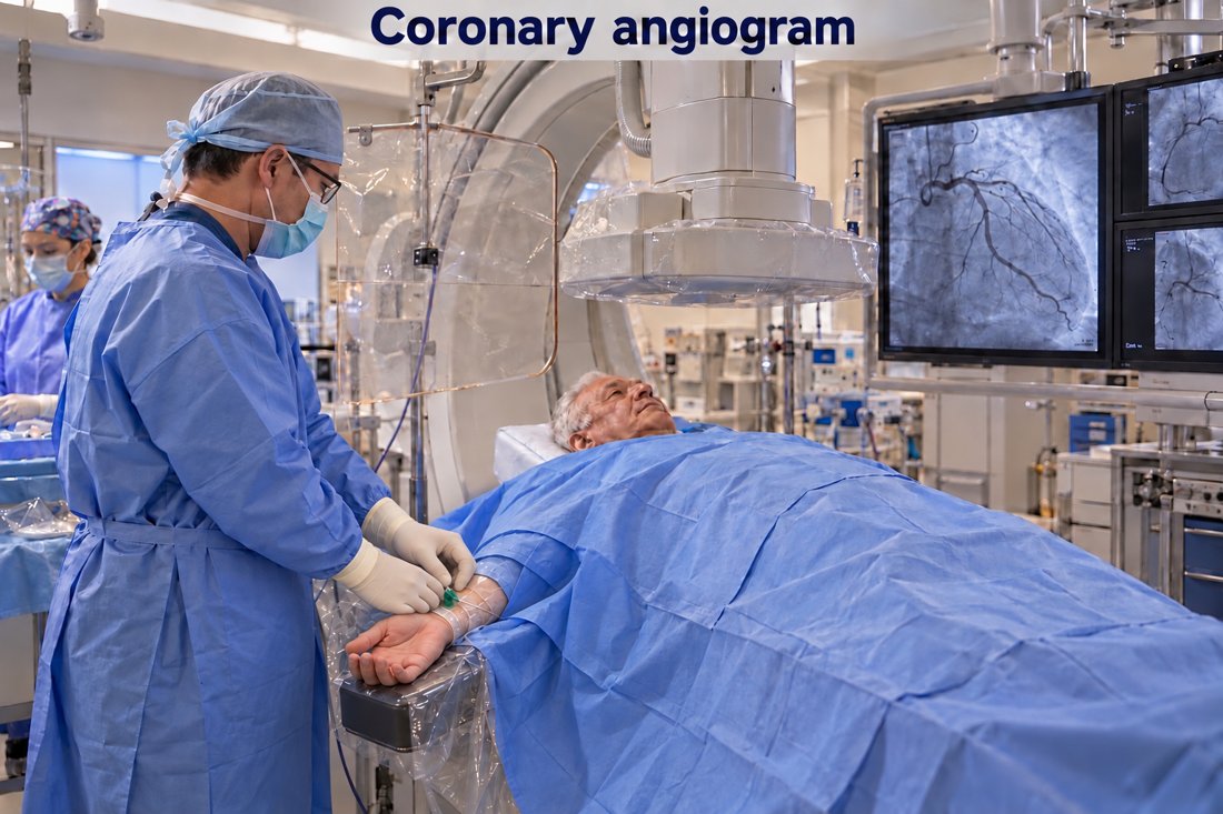 Patient having a coronary angiogram in a catheterization laboratory with the doctor beside a sheath in the palm-up wrist.