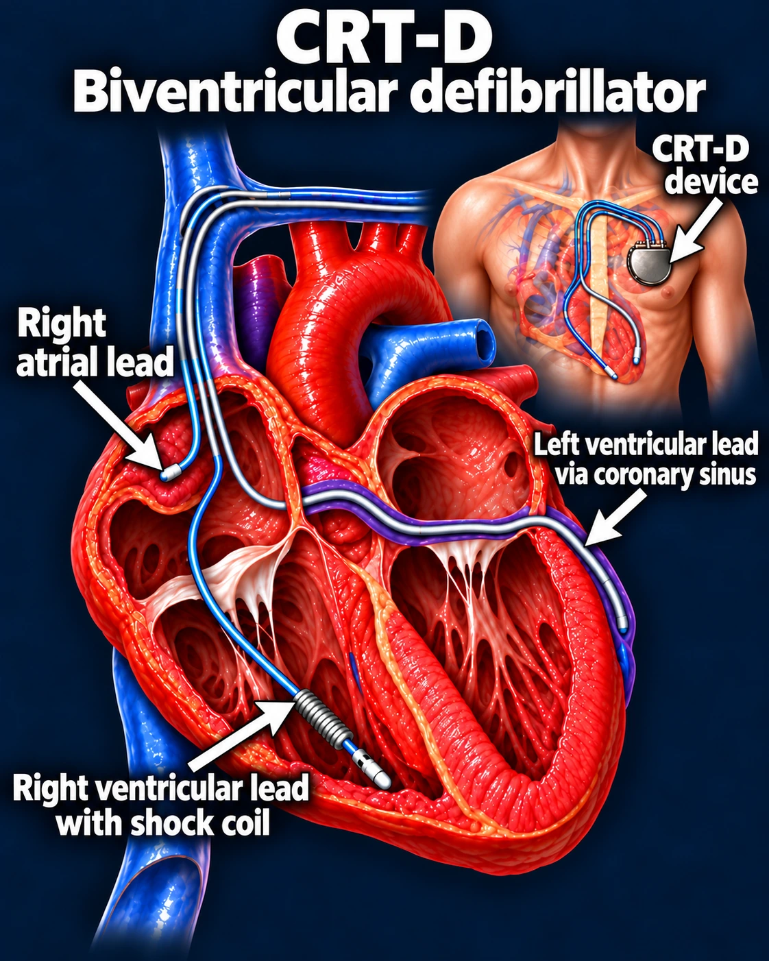 CRT-D device with large labels and arrows identifying the right atrial lead, right ventricular defibrillator lead with shock coil, and left ventricular lead via the coronary sinus.