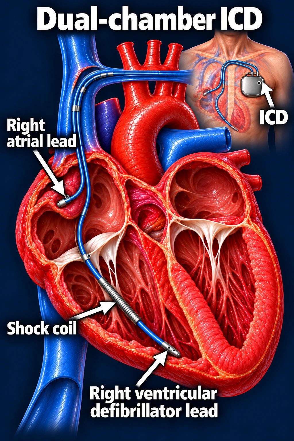 Dual-chamber ICD with right atrial lead and ventricular defibrillation lead containing a shock coil