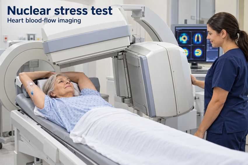 Patient lying under a nuclear cardiac imaging camera during a nuclear stress test.