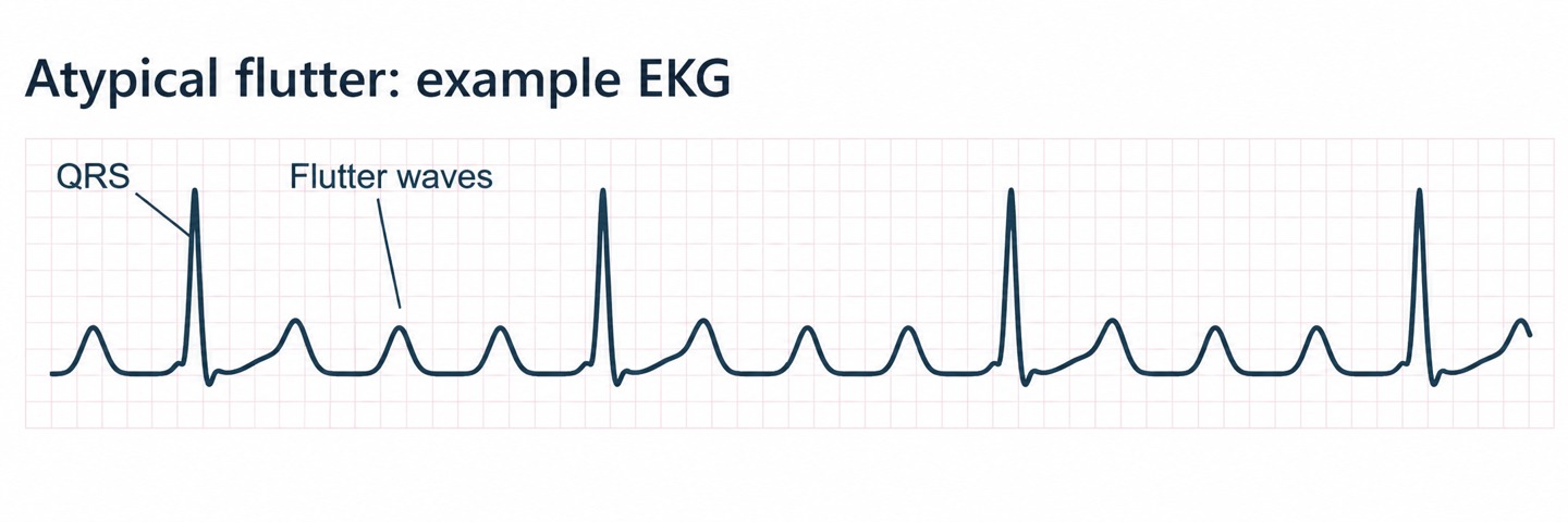 Illustrative strip with rounded repetitive atrial waves and labeled QRS complexes