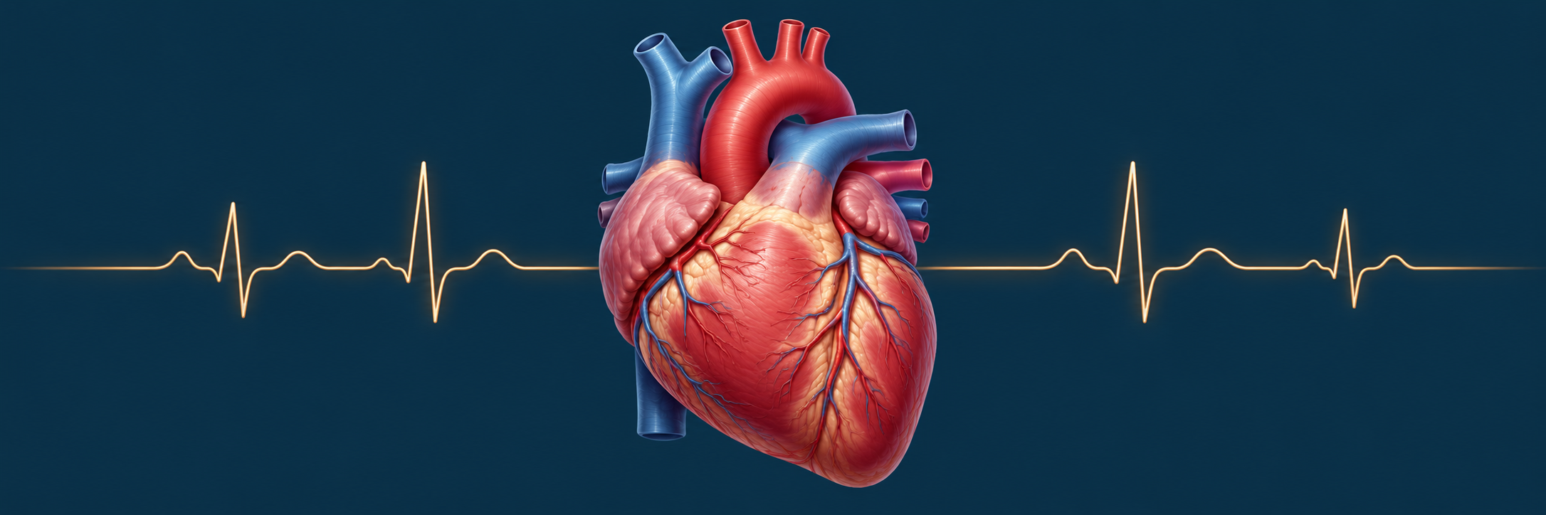 Illustration of a human heart with a gold EKG-style heartbeat line on a navy background