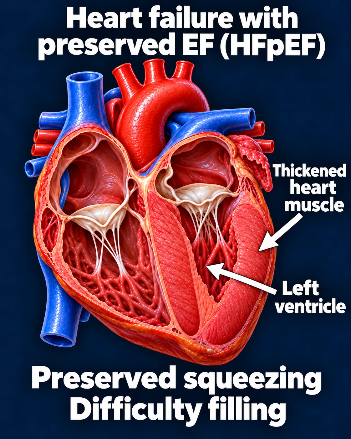 HFpEF illustration showing one example of a thickened left ventricular wall and a smaller cavity