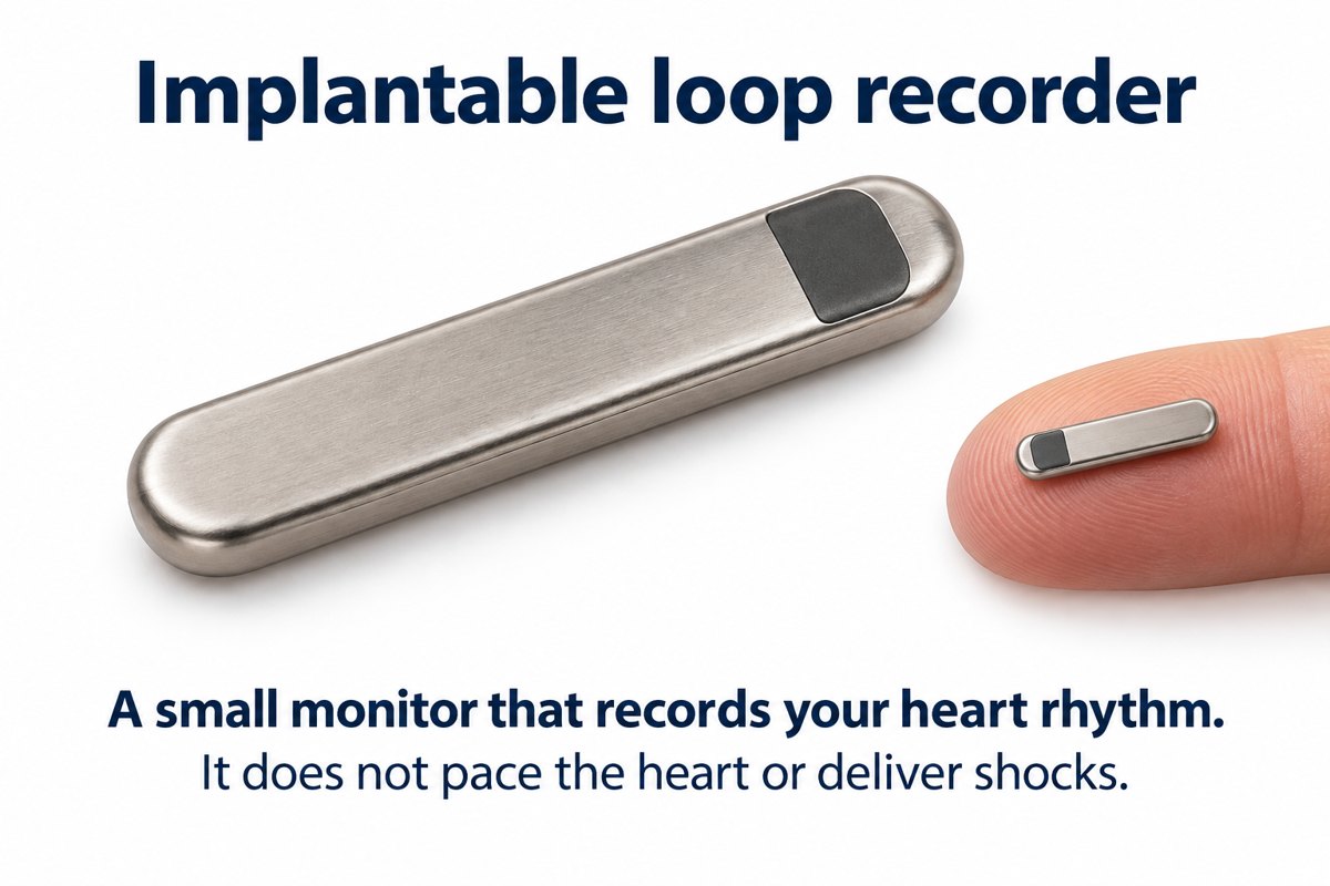 Implantable loop recorder beside a fingertip