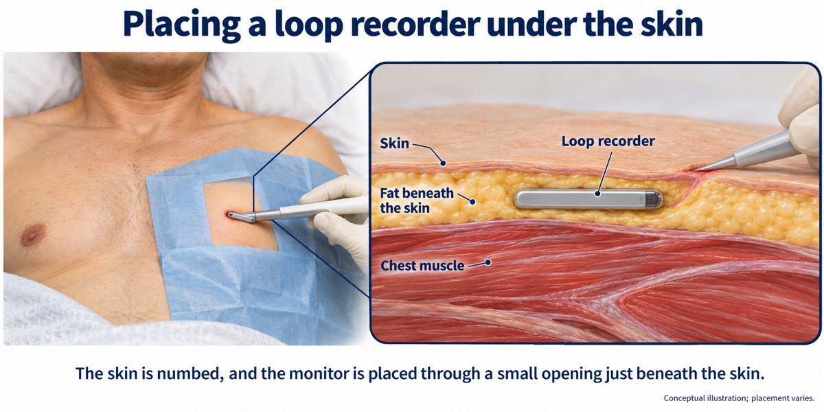 Loop recorder insertion through a small chest skin opening, with a magnified cutaway showing the recorder beneath the skin and above chest muscle.