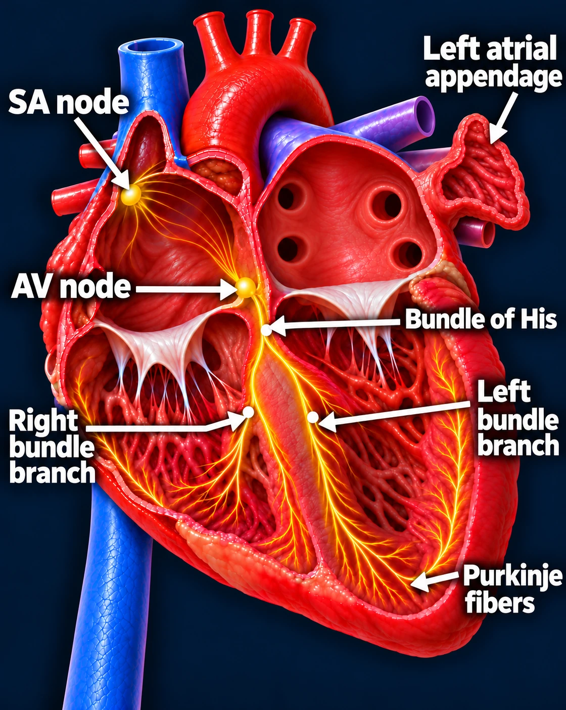 Labeled cutaway heart showing the SA node, AV node, bundle of His, right and left bundle branches, Purkinje fibers, and left atrial appendage.