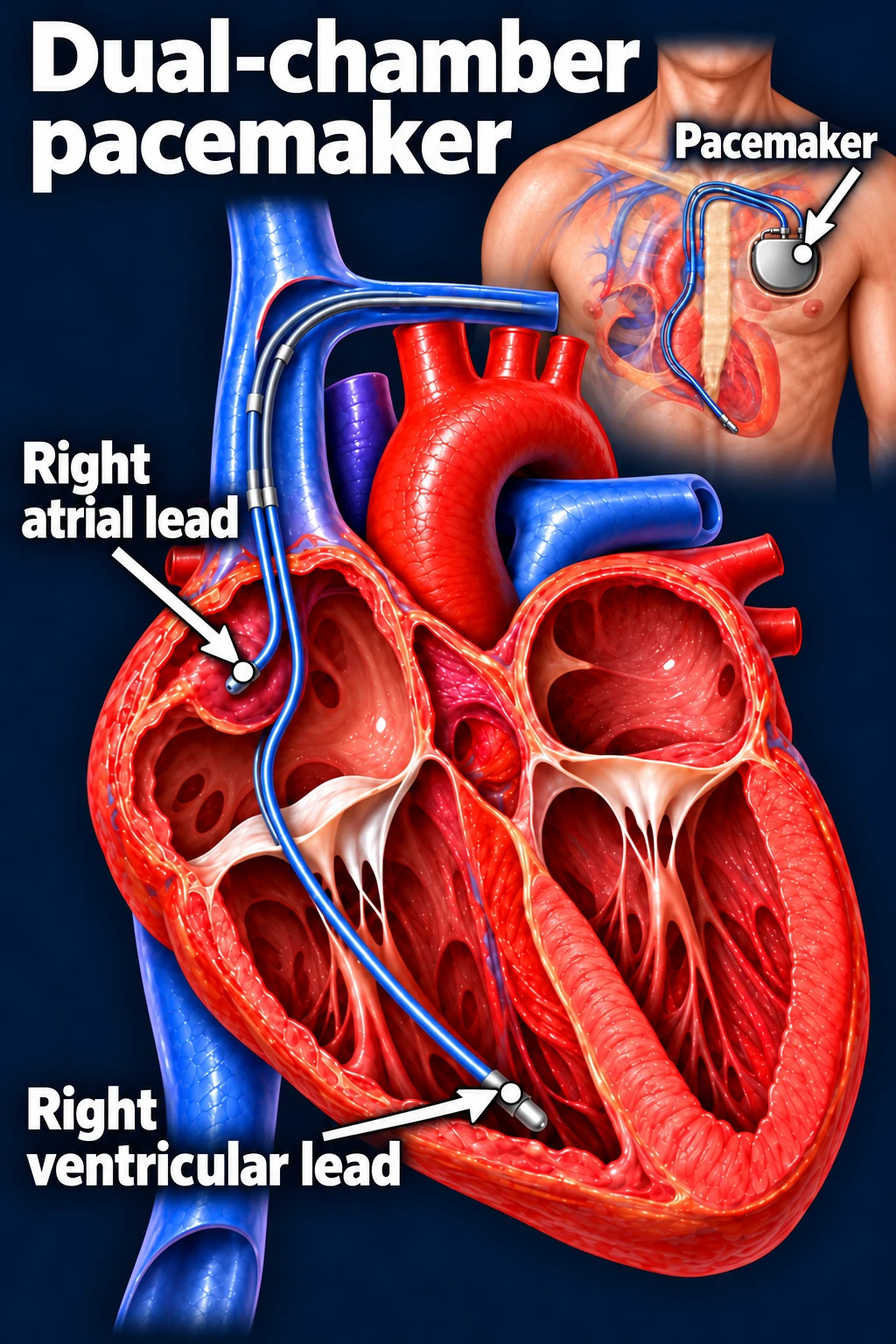 Dual-chamber pacemaker with generator in the upper chest and right atrial and right ventricular leads