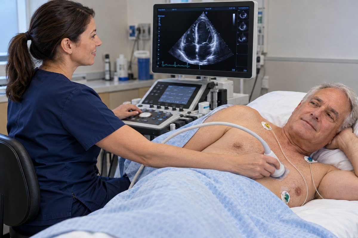 A patient receiving an echocardiogram with the ultrasound probe on the left chest over the heart.