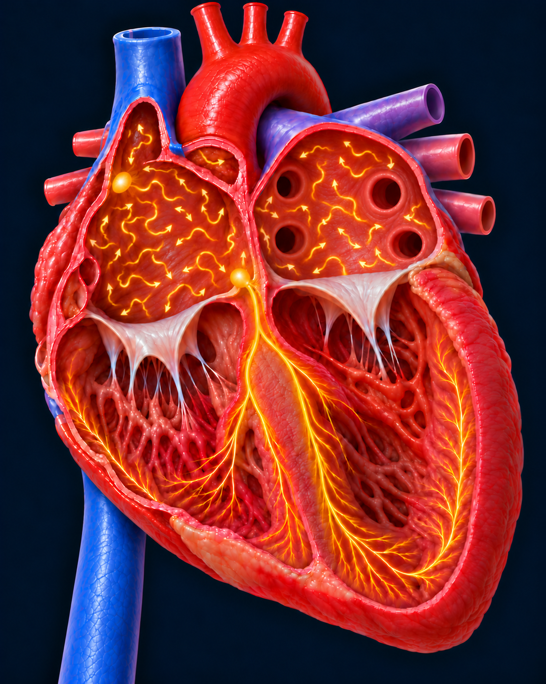 Heart illustration showing irregular atrial electrical activity during atrial fibrillation.