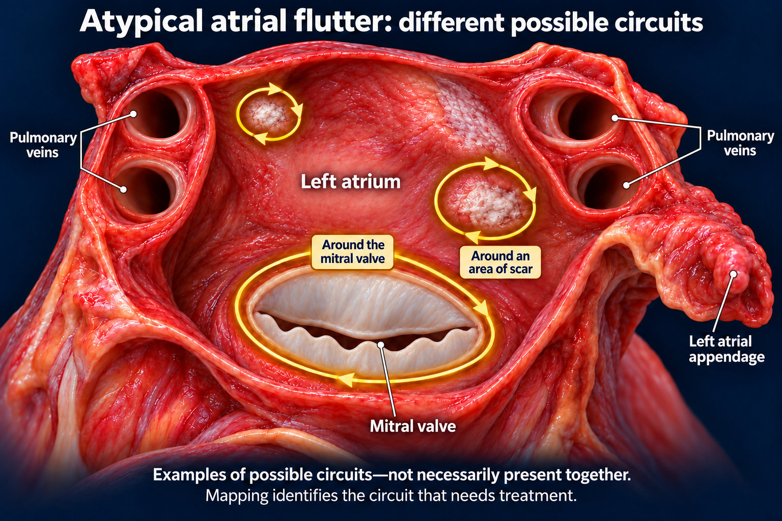 Examples of left atrial flutter circuits around the mitral valve or areas of scar, with the left atrial appendage visible