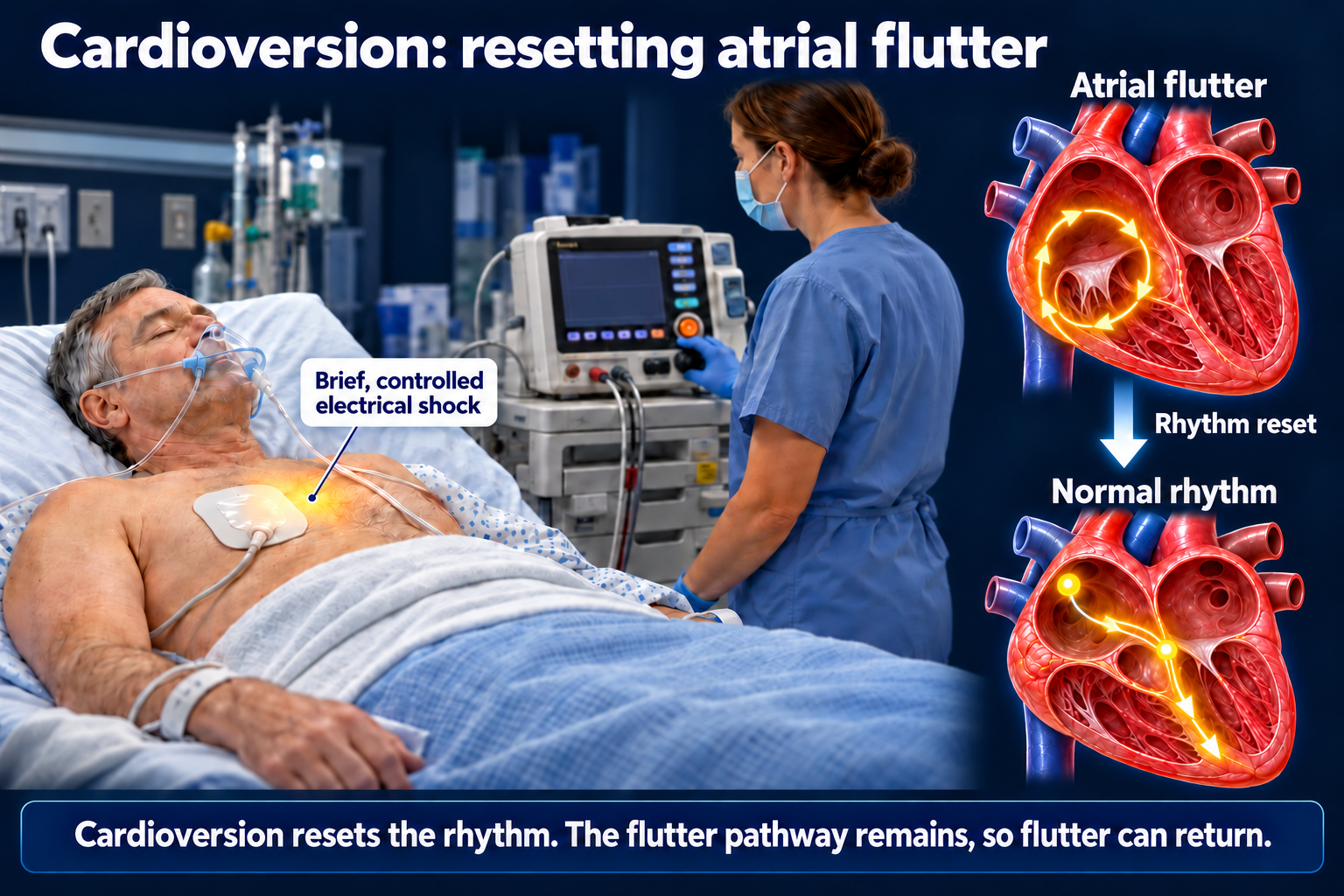 Patient undergoing electrical cardioversion with heart illustrations showing flutter changing to normal rhythm