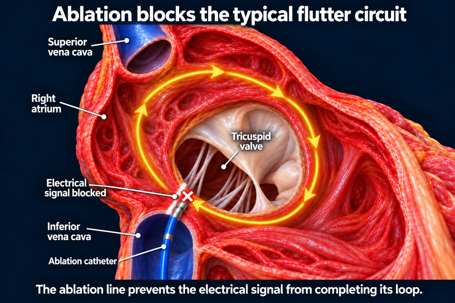 Ablation catheter entering the right atrium from the inferior vena cava, with an illustrated CTI block interrupting the flutter loop