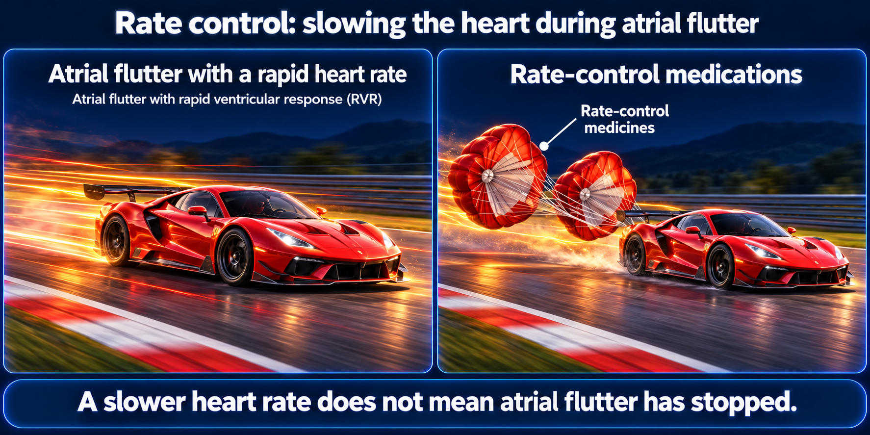 A fast racecar represents atrial flutter with a rapid ventricular response. A second racecar is slowed by parachutes representing rate-control medications.