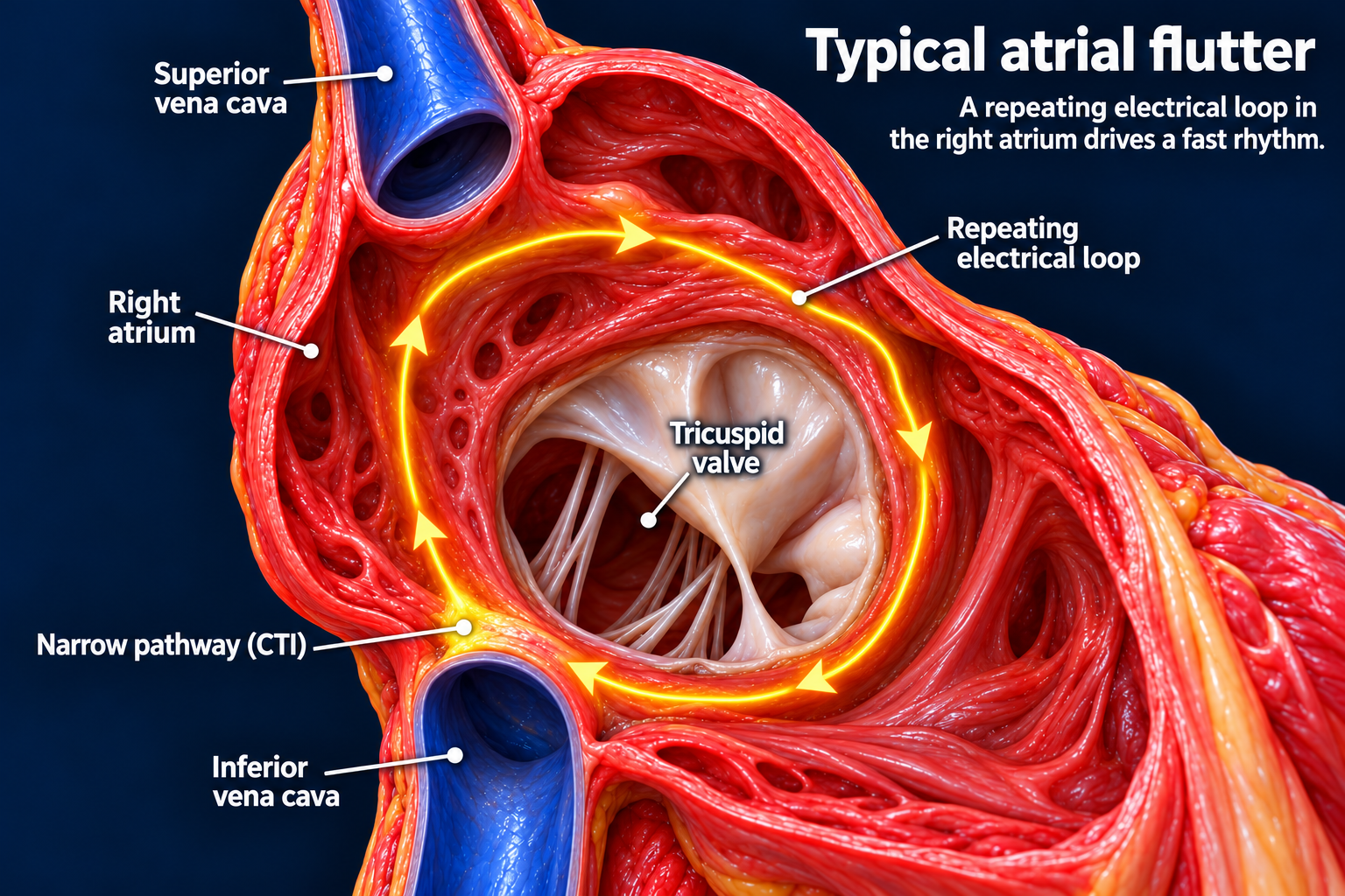Typical flutter circuit around the tricuspid annulus in the right atrium, passing through the cavotricuspid isthmus