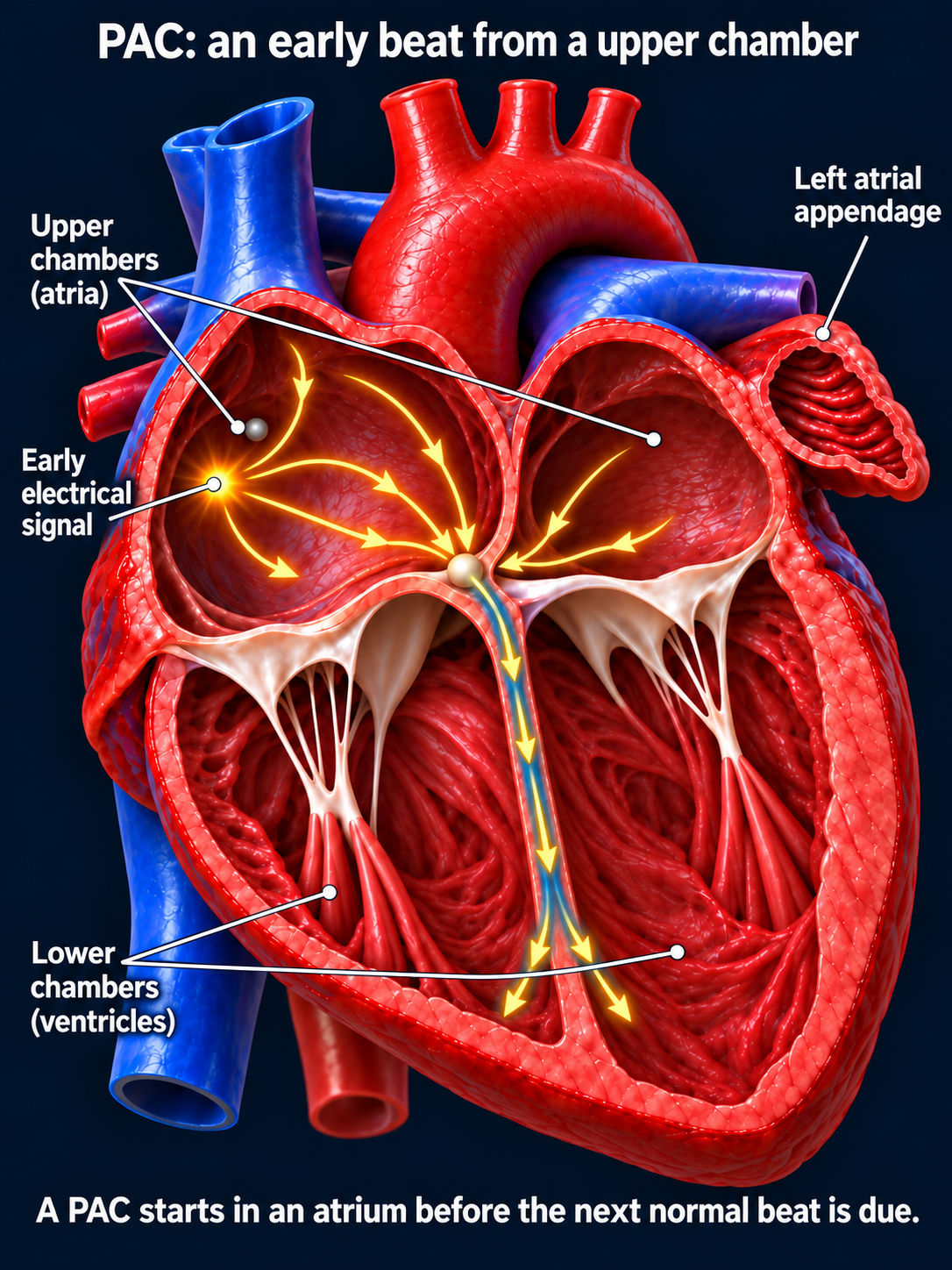 PAC beginning at an early electrical source in the right atrium; labels point to both atria and both ventricles
