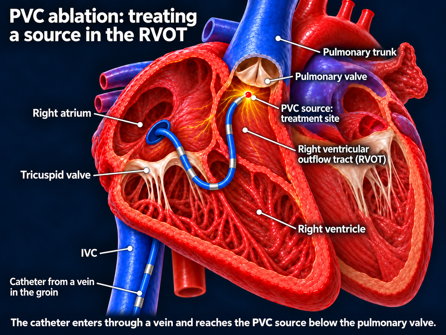A catheter enters the right atrium from the inferior vena cava, passes through the tricuspid valve, and reaches a PVC source in the right ventricular outflow tract below the pulmonary valve.