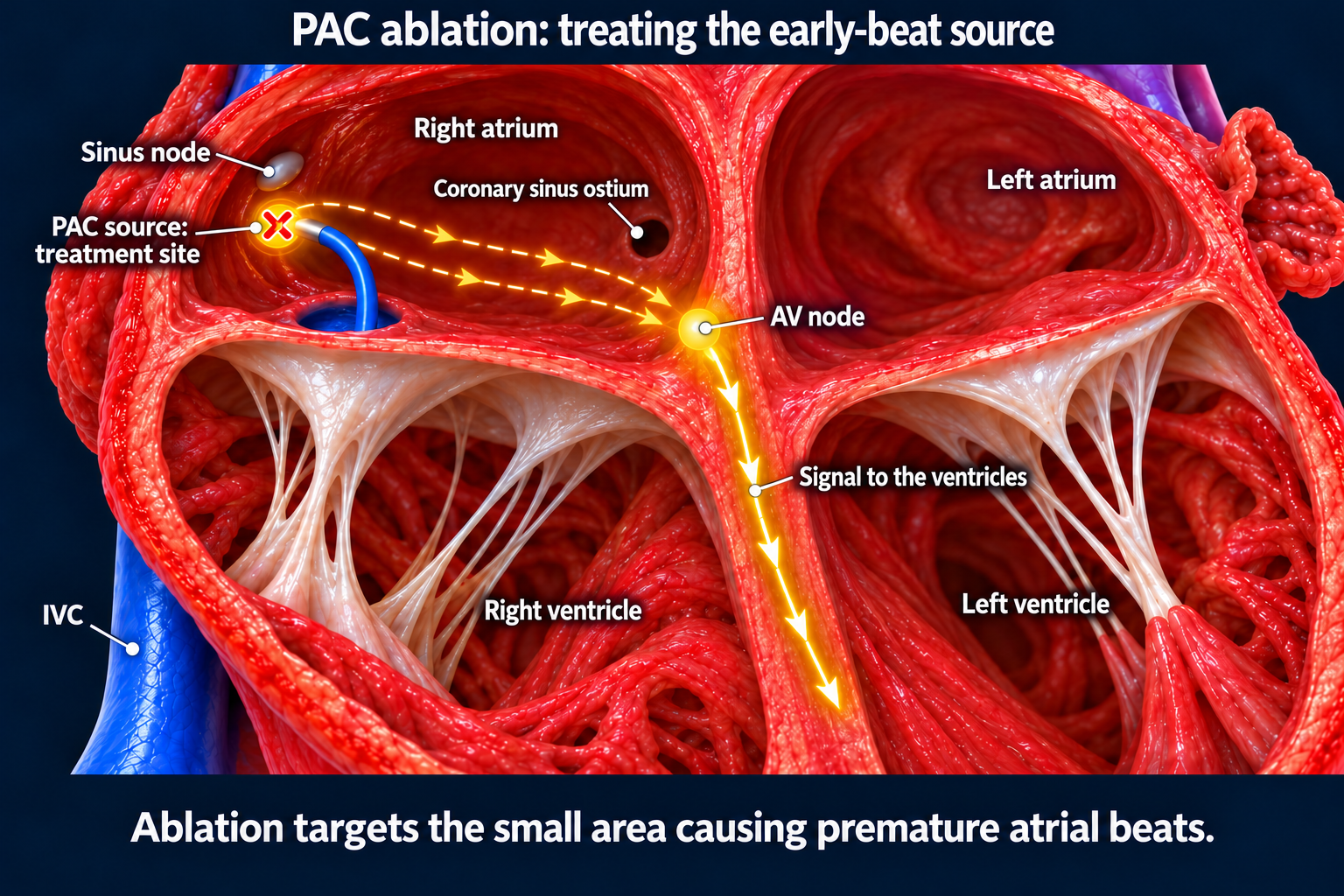 A catheter enters the right atrium from the IVC and curves toward an early-beat source, where its tip delivers ablation treatment.