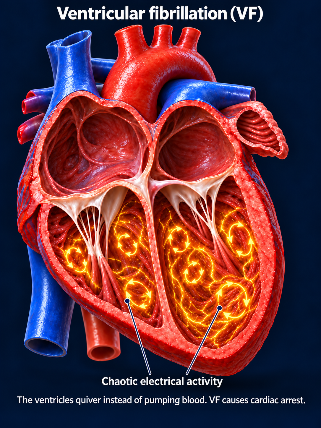 Ventricular fibrillation illustration with multiple small electrical circuits in both ventricles and no atrial circuits.