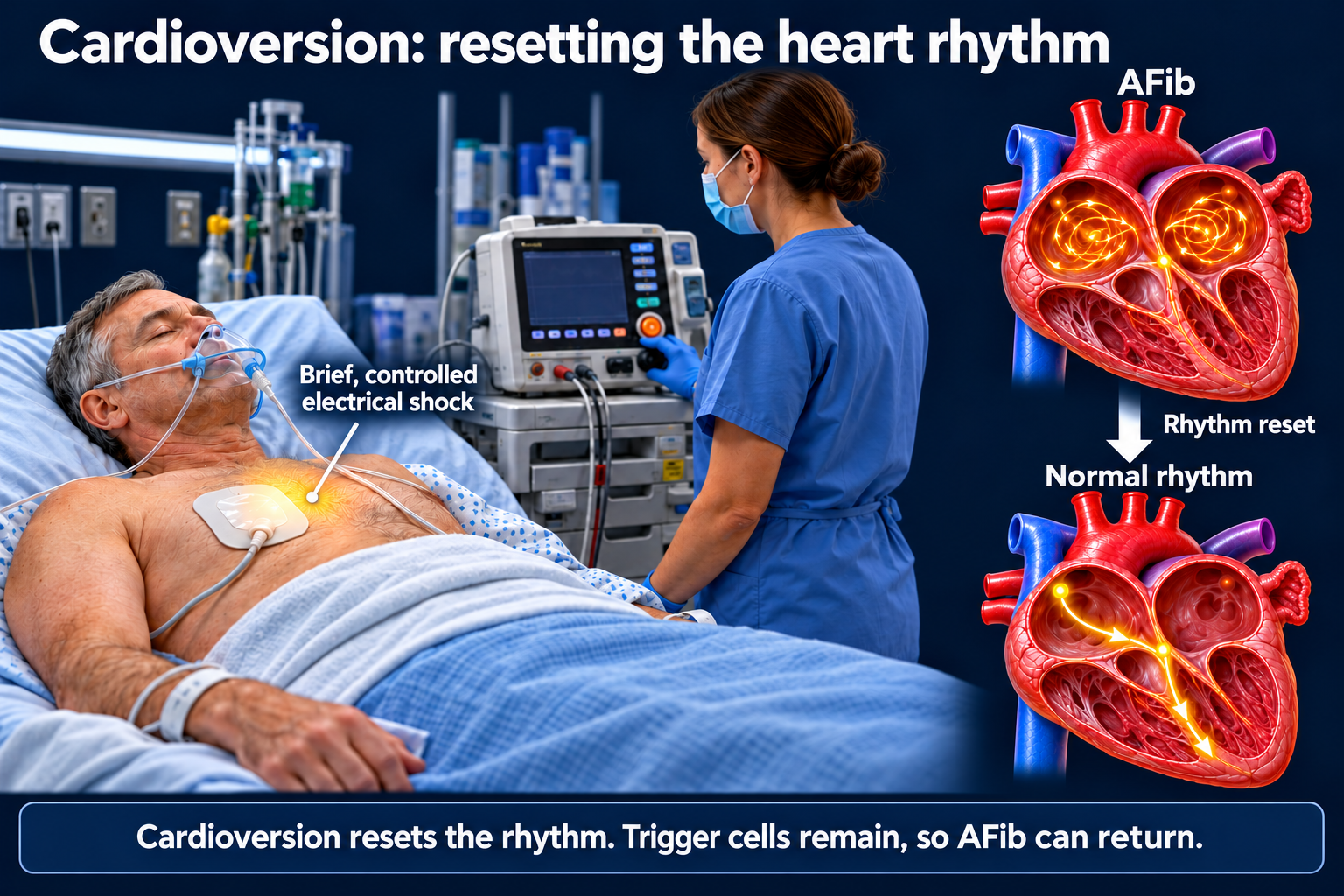A sedated patient receiving cardioversion, with heart illustrations comparing AFib and normal rhythm.