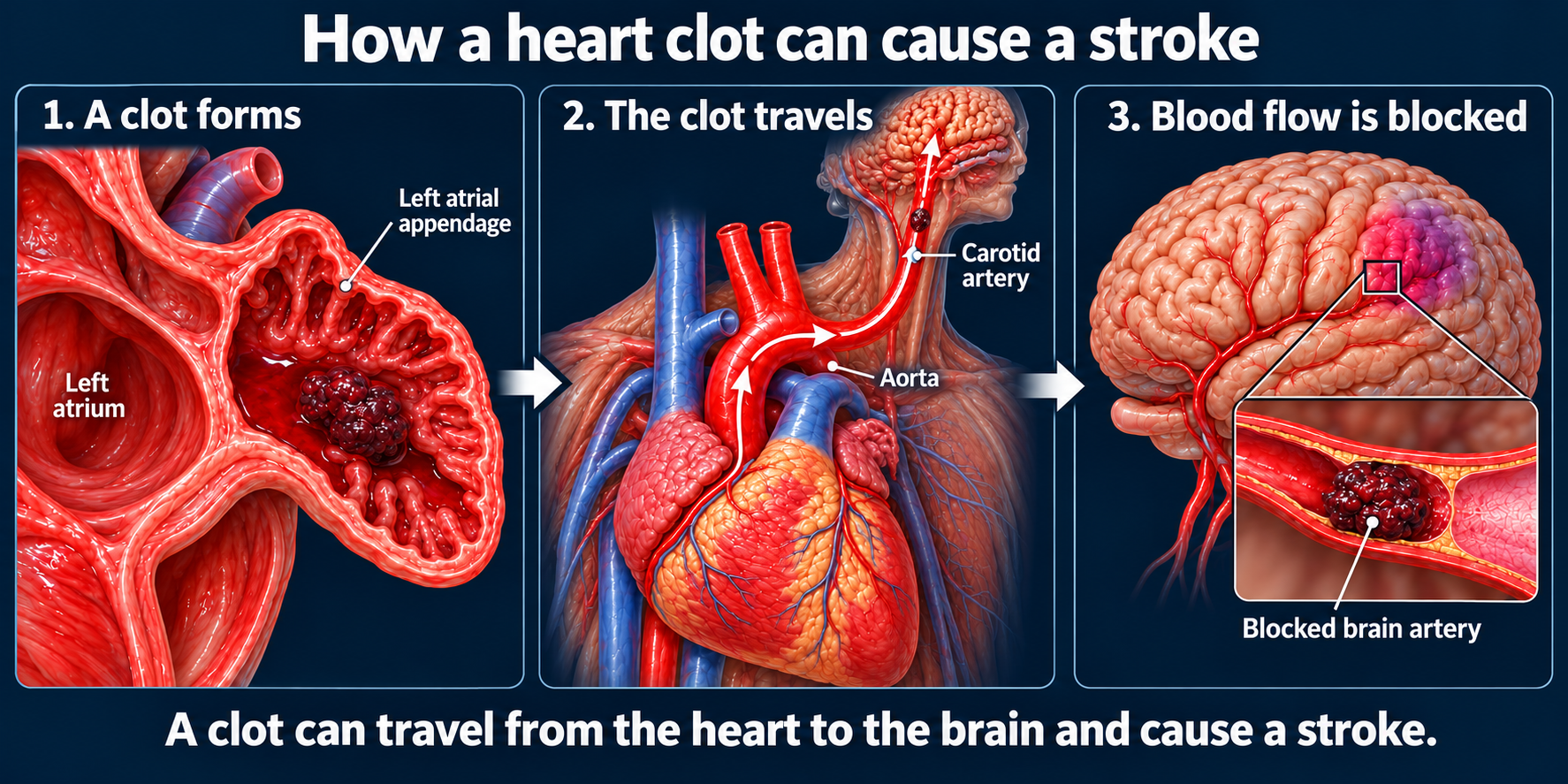 A clot forms in the left atrial appendage, travels toward the brain through the arterial circulation, and blocks a brain artery