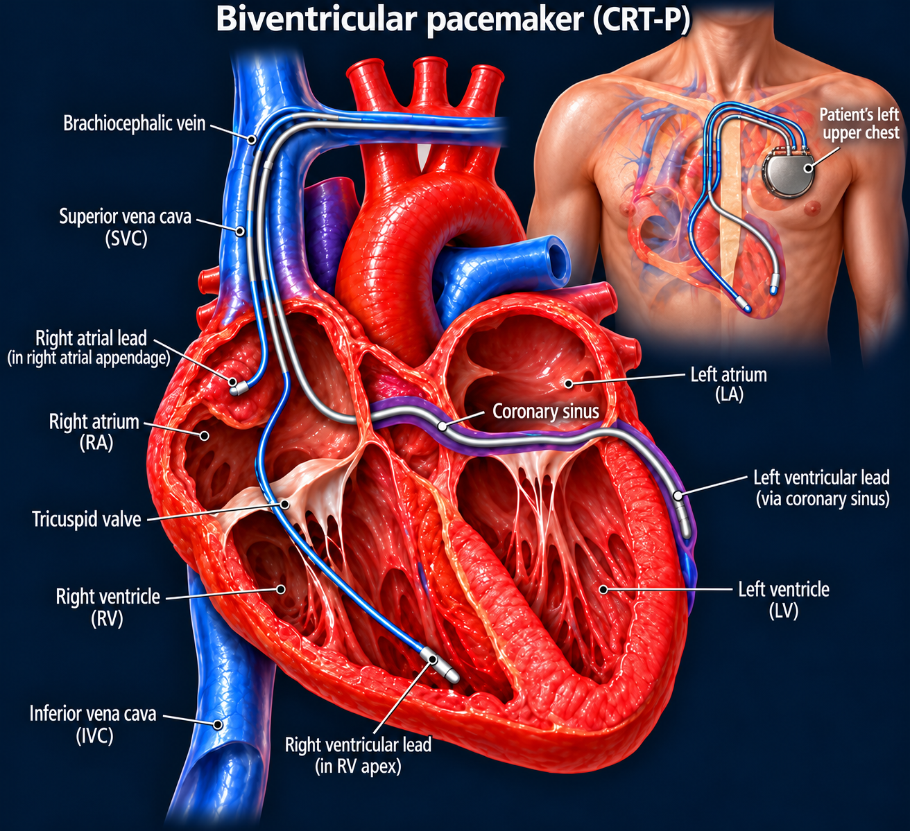 CRT-P with right atrial and ventricular leads and a left ventricular lead through the coronary sinus