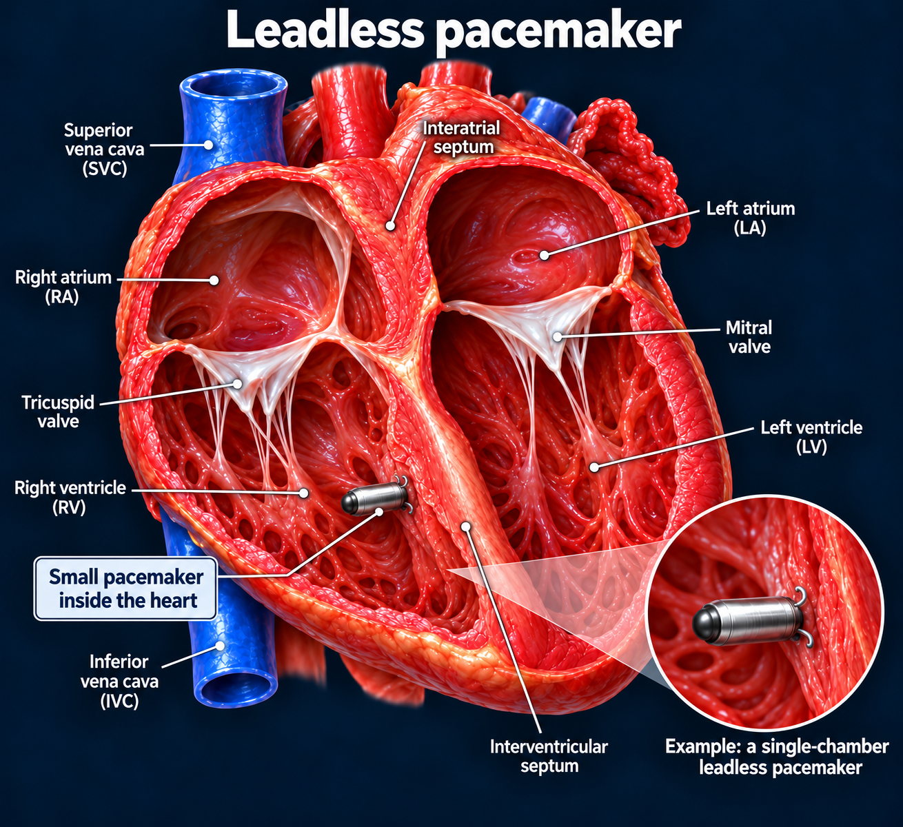 Single-chamber leadless pacemaker attached to the right ventricular septum