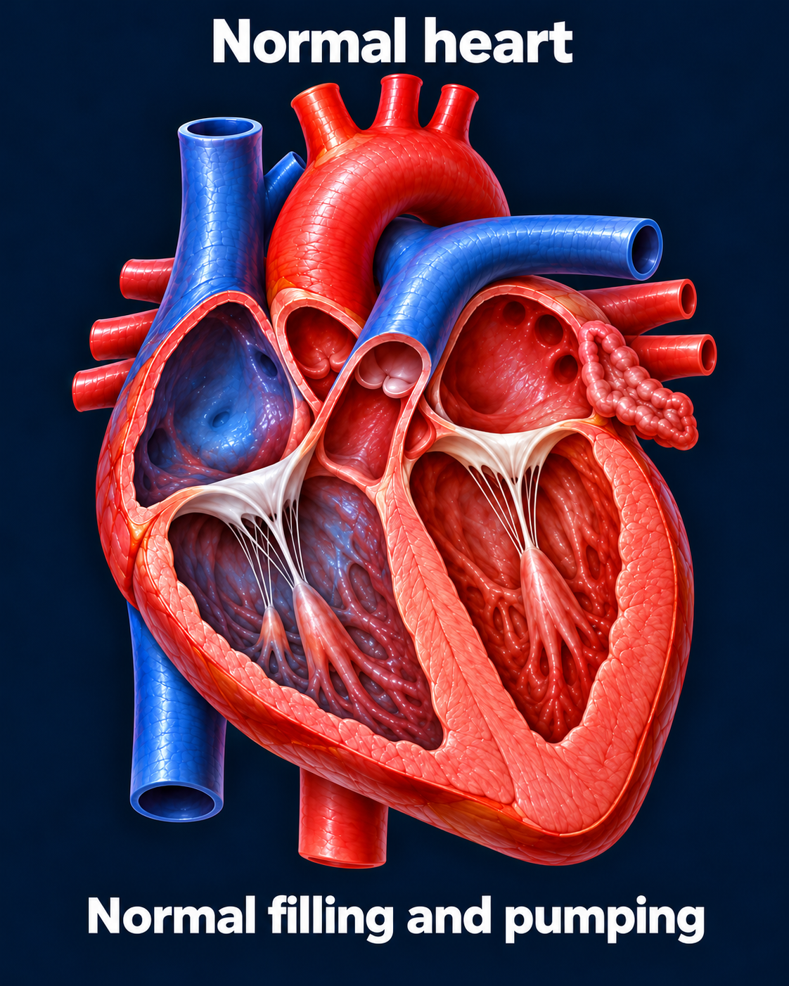 Normal four-chamber heart illustration showing normal ventricular size and wall thickness