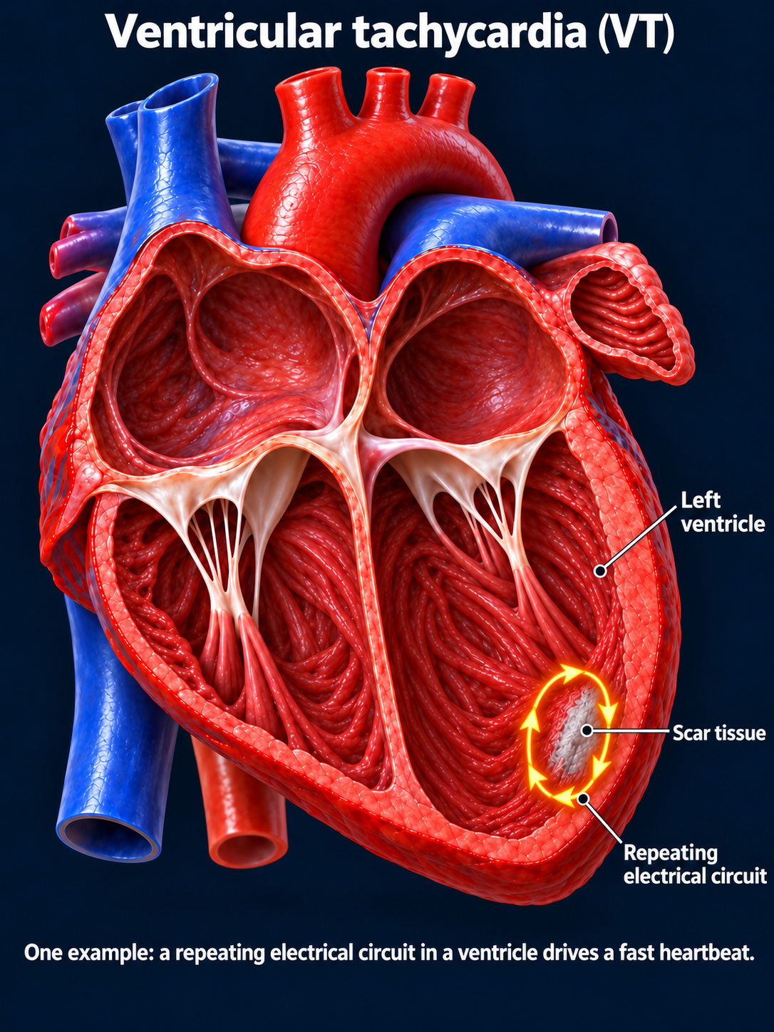 Approved VT illustration showing one clockwise electrical circuit surrounding a scar in the left ventricle.