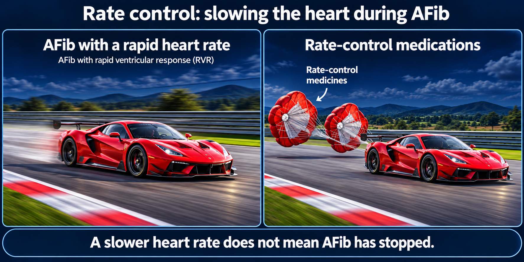 Side-by-side racecar analogy: a fast red racecar represents AFib with rapid ventricular response; the same car with deployed rear parachutes represents rate-control medications slowing the heart rate