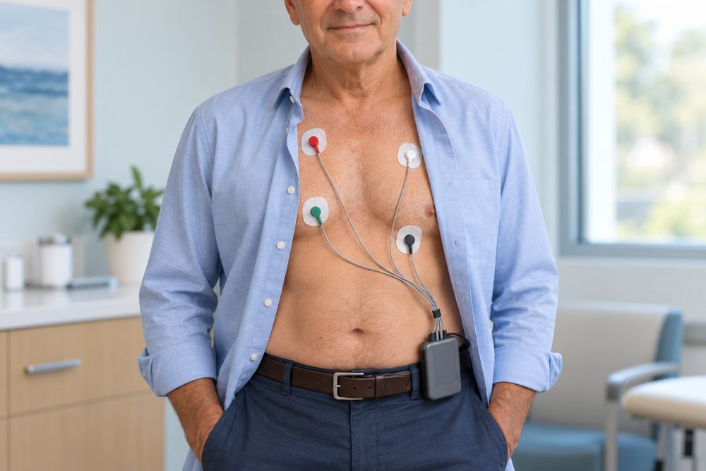 Patient wearing chest electrodes connected to a portable Holter monitor.