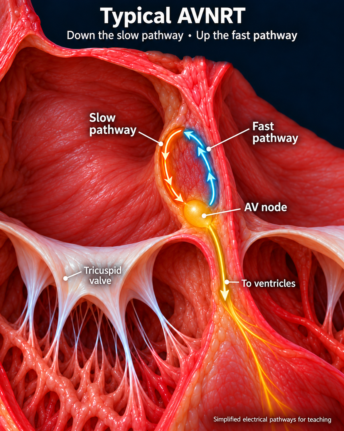 Magnified AV nodal region showing typical AVNRT: orange arrows travel down the slow pathway, blue arrows return up the fast pathway, and a separate downward signal travels toward the ventricles.