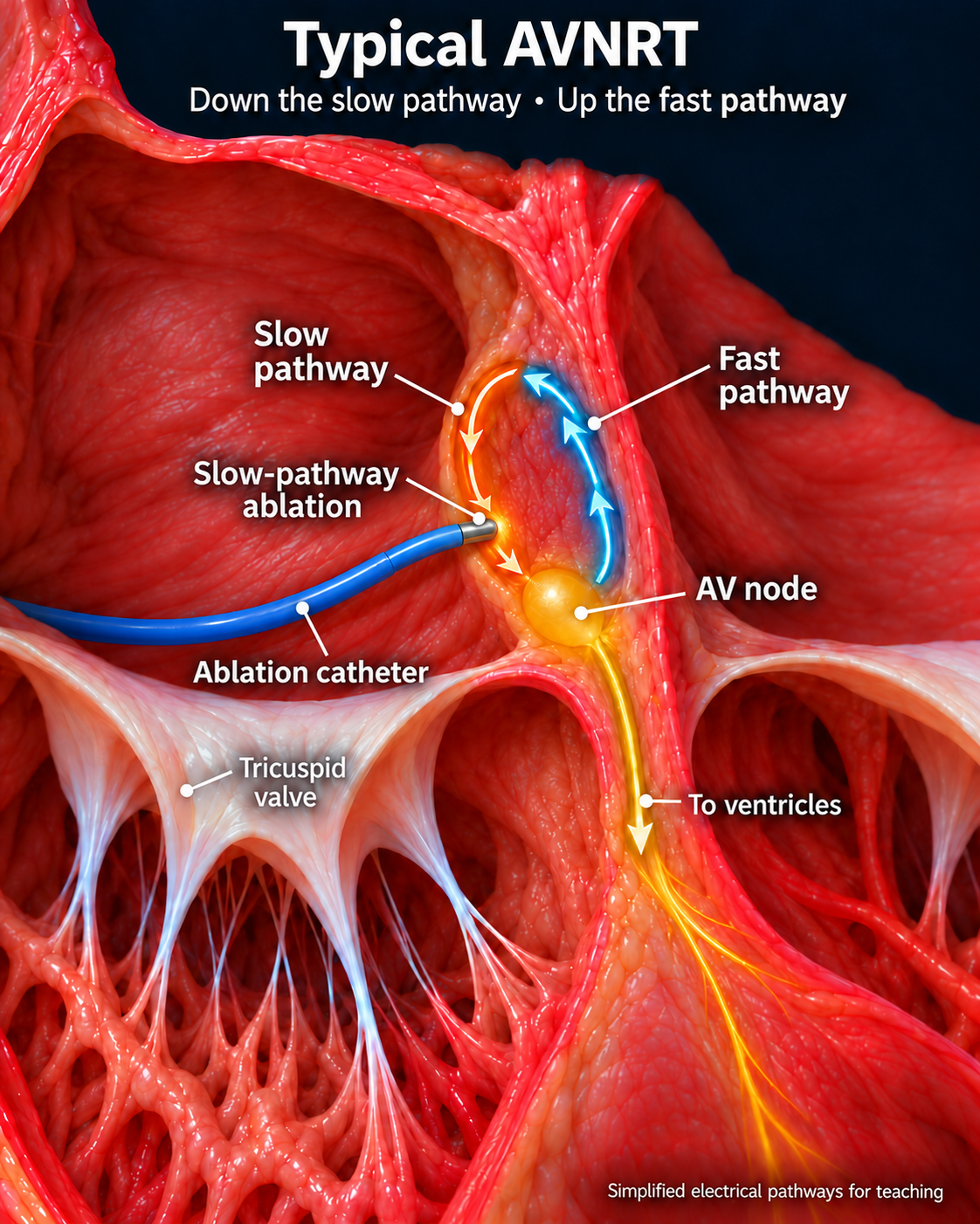 Magnified AV nodal region showing a blue catheter tip treating the orange slow pathway, separate from the labeled AV node and blue fast pathway. The blue catheter shaft is labeled Ablation catheter.