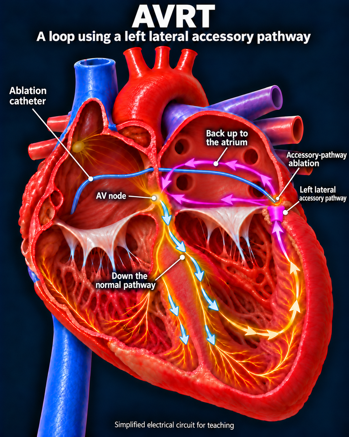 Labeled AVRT ablation illustration showing one blue catheter passing smoothly from the right atrium through the atrial septum into the left atrium, with its electrode tip treating a left lateral accessory pathway. The blue catheter shaft is labeled Ablation catheter.