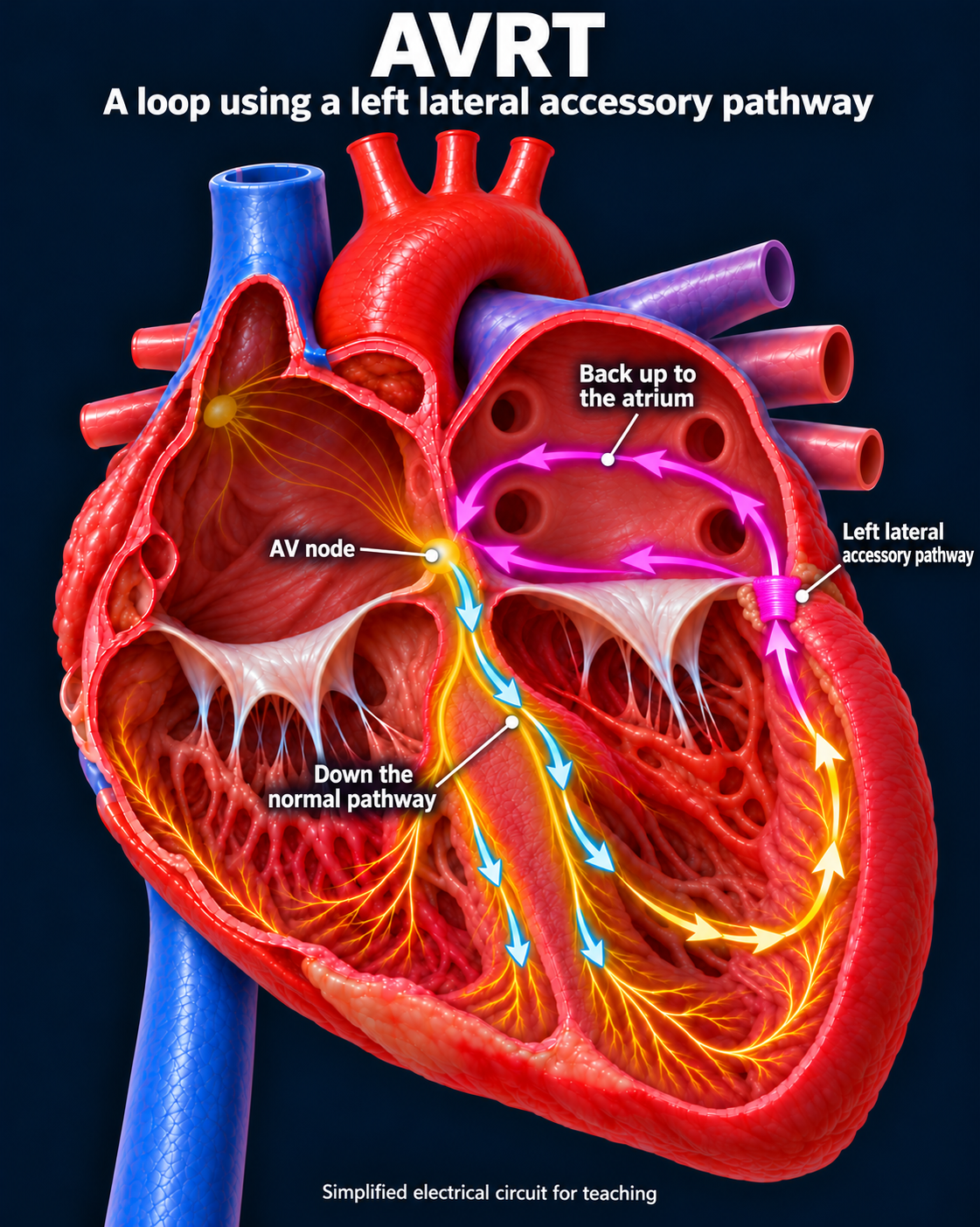 Labeled cutaway heart showing orthodromic AVRT with downward normal AV conduction, ventricular activation, and upward return through a left lateral accessory pathway at the mitral valve junction.