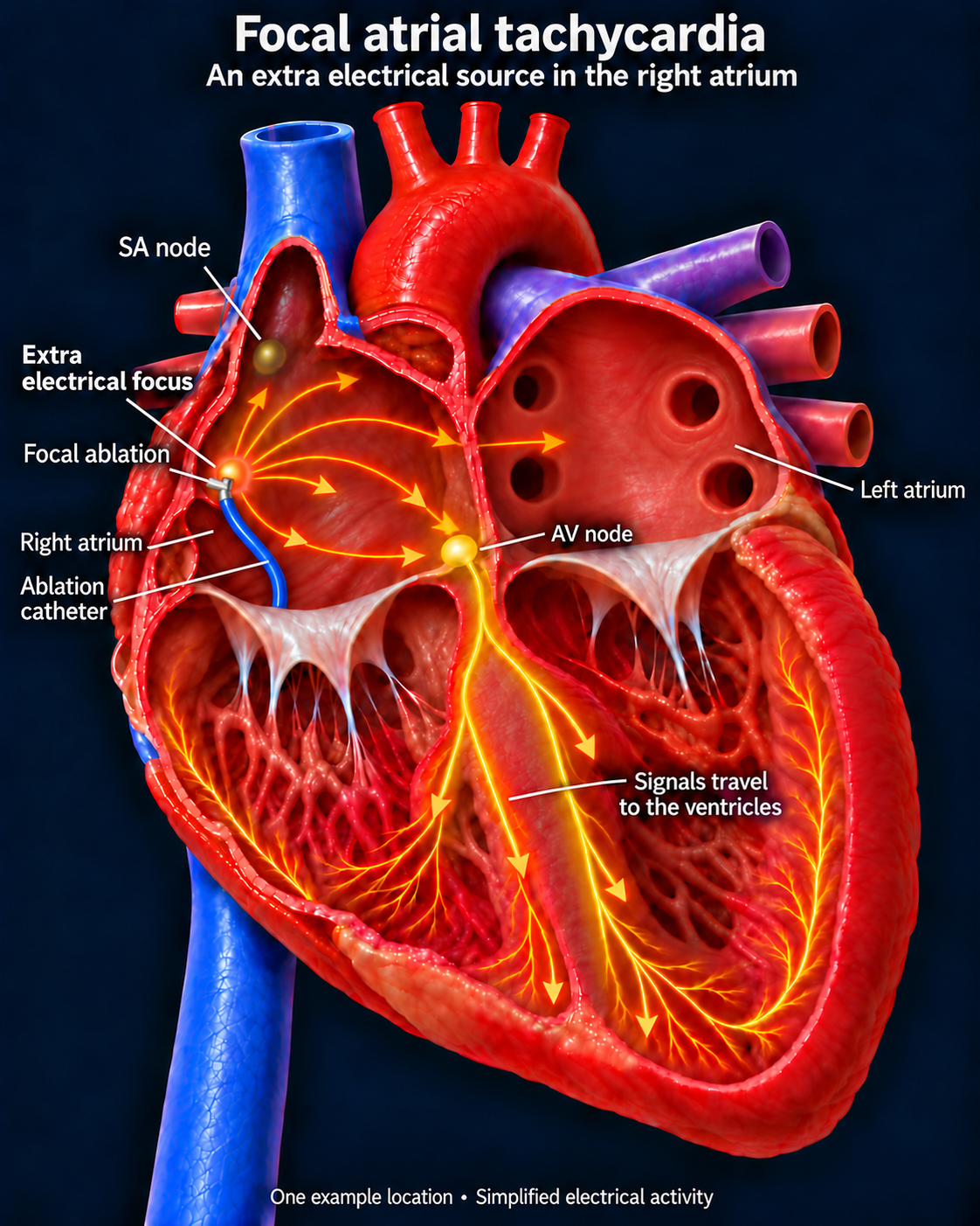 Labeled heart showing a blue ablation catheter curving through the right atrium to treat the extra electrical focus, separate from the SA node and AV node.
